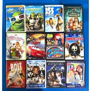 Lot of 12 Family Kids DVD Movies – Shrek 3D, Shrek 2, Cars, Ice Age, Bolt, Chick
